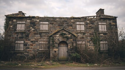Abandoned stone house with boarded windows. Old derelict farmhouse facade with wooden shutters and arched door. Rural architectural decay and historical ruin concept