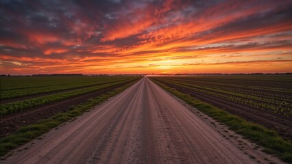 Straight dirt road through agricultural fields at sunset. Dramatic orange sky over rural landscape. Perspective view of farm path leading to horizon