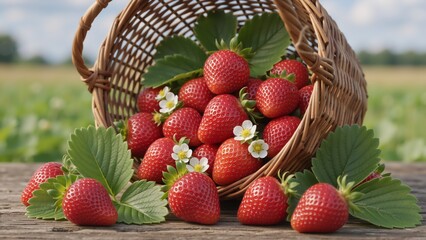 A basket of fresh strawberries on a rustic wooden table outdoors. Ripe red berries with leaves and flowers from the farm. Healthy eating and harvest season concept