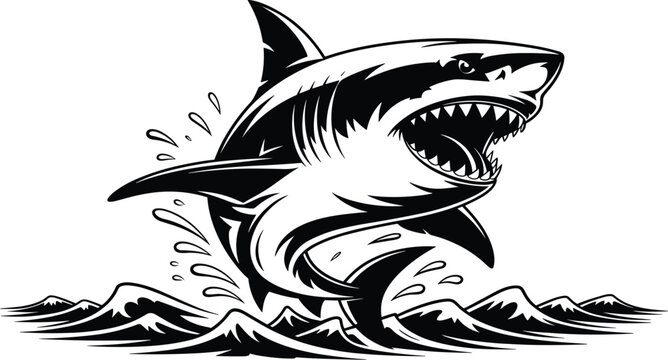 Powerful great white shark jumping out of ocean water black and white vector illustration aggressive predator with open mouth full of sharp teeth marine wildlife silhouette for tattoo design logo spor