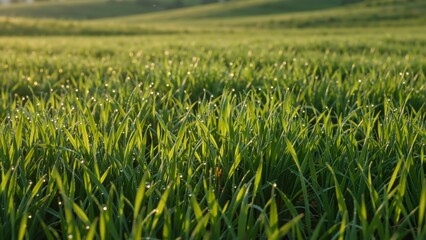 Fresh green grass with sparkling morning dew drops in a field. Backlit plants at sunrise with golden light. Nature and agriculture background