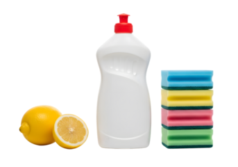 White detergent bottle with sponges and lemon isolated on a transparent background