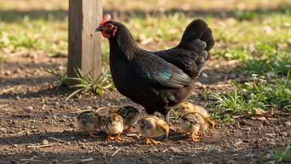 A black mother hen with her baby chicks on a farm. Protective chicken watching over her brood in a rural backyard