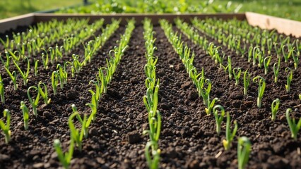 Obraz premium Rows of young green seedlings sprouting in a raised garden bed. Fresh onion plants growing in rich soil. Agriculture and new life concept