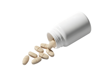 White pill bottle with spilled tablets isolated on a transparent background