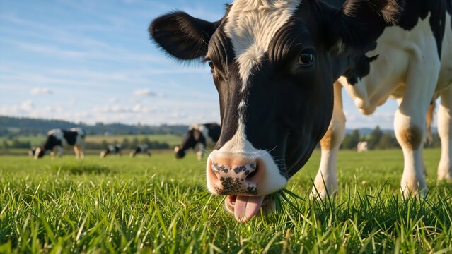 Close-up of a black and white cow eating grass in a green field. Holstein cattle grazing in a sunny pasture on a dairy farm - Powered by Adobe