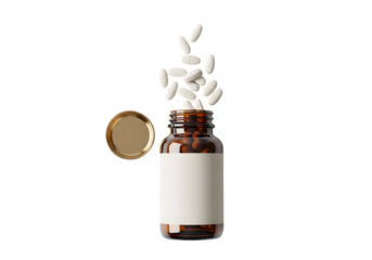 White pills spilling from brown bottle isolated on a transparent background