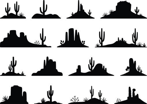 Silhouette desert cactus landscape illustration set of southwestern plants and formations for nature scene or design element vector graphics desert ecosystem botanical shapes for website and print mat