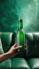 A hand holds a chilled green glass bottle featuring condensation set against a dark green sofa and textured wall