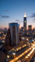 Close up of a hand holding a metallic aluminum beverage can an illuminated city skyline in blurred twilight