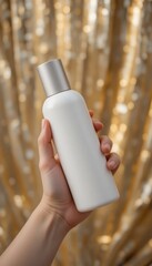 Hand holding a blank white cosmetic bottle with a silver cap Golden bokeh lights shimmer in the blurred background