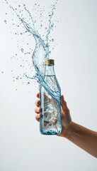 Vigorous water splashes from a gold capped clear glass bottle held by a hand Ice cubes are visible within the liquid