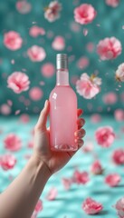 Female hand holding glass bottle with pink liquid and silver cap against blurred pink blossoms on teal background