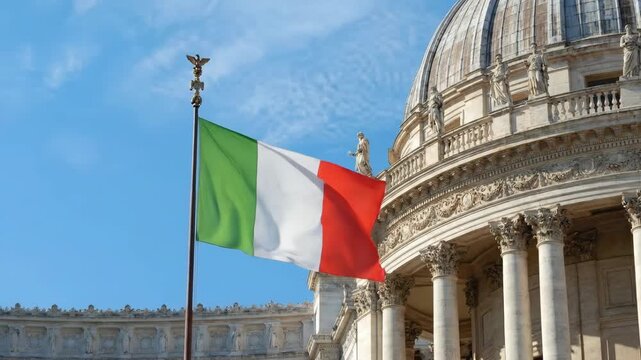 Italian flag waving proudly in front of classical architecture under a clear blue sky, grand dome and columns framing the iconic tricolor