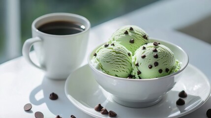 Three scoops of mint chocolate chip ice cream in a white bowl served alongside a hot cup of black coffee on a bright table