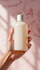 Adult hand holding a minimalist cream cosmetic bottle with a white cap A pink marble background displays dappled shadows
