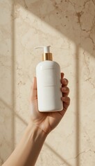Female hand holds white pump bottle with gold dispenser against beige marble background Sunlight casts abstract shadows