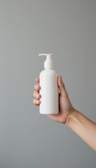 Close up of a human hand holding a pristine white pump dispenser bottle against a smooth gray background
