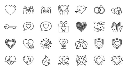 A collection of black and white line art icons depicting various symbols of love, hearts, romance, relationships, and affection in a clean and modern style for design elements.
