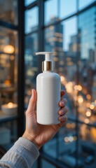 Person's hand holds a white pump dispenser bottle with golden neck set against a blurred urban evening cityscape