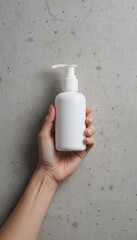 A person's hand firmly holds a generic white pump bottle The background is a textured gray wall
