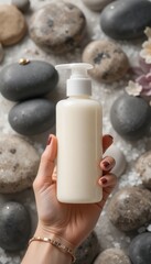 A woman's manicured hand holds a white lotion pump bottle above textured grey and brown natural spa stones