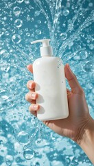 Hand holds a white pump bottle against a refreshing blue background with water splashes and clear bubbles