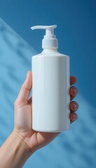 Human hand holding a white cylindrical bottle with a pump dispenser against a vibrant blue wall with abstract shadows