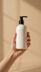 A hand holds a clean minimalist white pump bottle against a neutral beige background with subtle window shadows