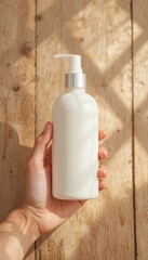 Human hand holding a blank white pump bottle with a silver top Rustic wooden background with dappled sunlight shadows