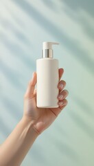 Female hand holds a minimalist cream colored pump bottle against a soft blue green background with dappled shadows