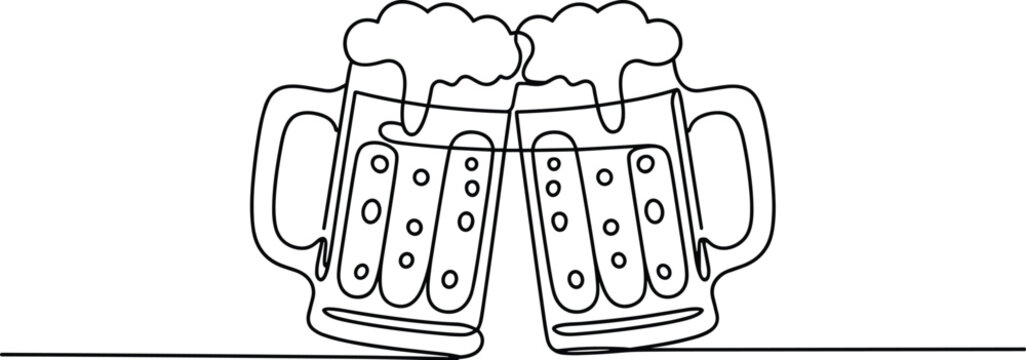Beer mugs cheers toast continuous line drawing minimalist design two glass mugs with foamy beer celebration friendship concept for bar pub restaurant advertising and social media marketing graphic res