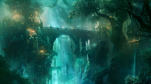 Ancient elven city hidden among glowing giant trees