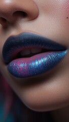 Detailed close up of human lips adorned with iridescent blue and vibrant pink metallic makeup Skin texture is visible