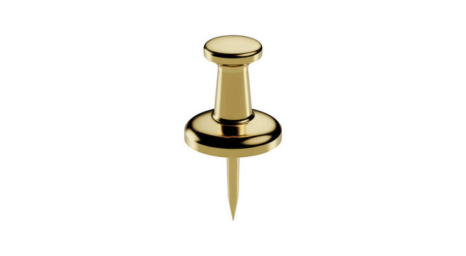 Gold push pin shiny metal stationery isolated on a transparent background