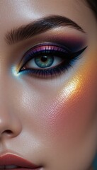 Vibrant colorful makeup on a female eye Blue green iris shimmering eyeshadow winged eyeliner and glowing skin details