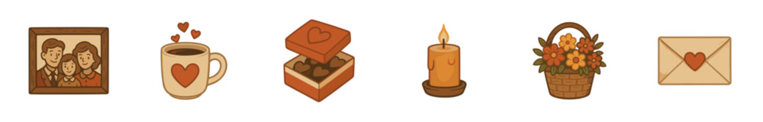 Illustrative collection of romantic items and symbols representing love, family, and heartfelt connections, perfect for special occasions