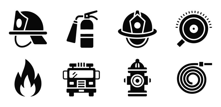Firefighting icon collection in black, featuring firefighter helmet, fire extinguisher, safety helmet, alarm bell, flame, fire truck, hydrant, and fire hose, clean vector icons for emergency, safety, 