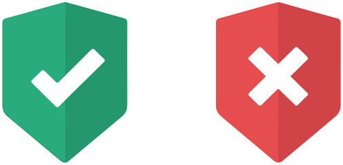 Green check mark and red cross mark on shield shape offering approval or rejection confirmation evaluation and validation icons for mobile app ui design elements and user experience in modern business