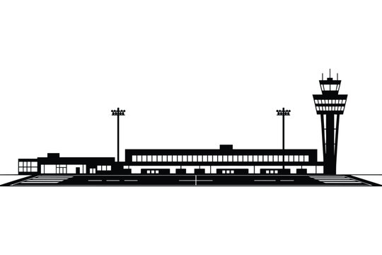 Modern airport terminal silhouette with control tower for airline travel transportation logistics vector design sleek architectural illustration minimalist style for travel industry websites and touri