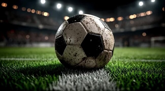 Bola de Futebol Rolando no Campo &agrave; Noite com Ilumina&ccedil;&atilde;o de Est&aacute;dio, A&ccedil;&atilde;o Esportiva e Clima Dram&aacute;tico