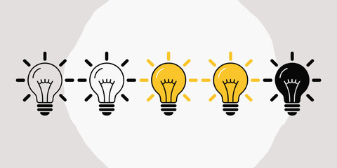 Row of lightbulbs showing business ideas and different thinking concept with highlighted yellow lights and unique black bulb innovation and inspiration metaphor for marketing presentations and adverti
