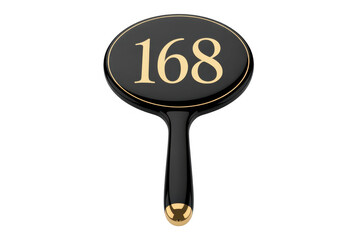 Black and gold magnifying glass with number 168 handle isolated on a transparent background