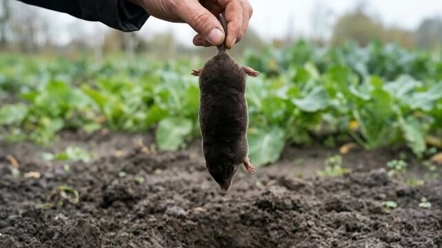Person holding a small mole by its tail emerging from a hole in the dirt, Garden plants in the background