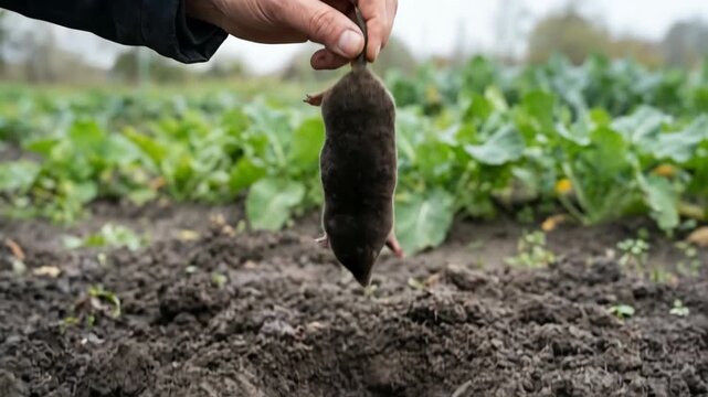 Human hand gently pulling a small mole out of dark, moist soil, surrounded by green foliage in the background, a close-up outdoor shot,