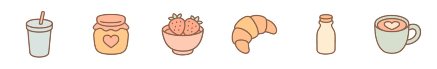 Cute cartoon breakfast and cafe items collection featuring a smoothie, jam, strawberries, croissant, milk, and coffee cup in a sweet pastel palette.