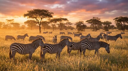 Serengeti Zebras Grazing at Golden Sunset