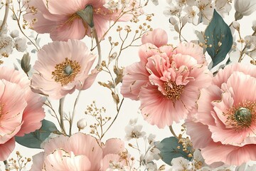 Luxurious hand-painted watercolor seamless repeatable pattern featuring  peonies, poppies, and wild roses with ruffled petals and dreamy gradient blush tones