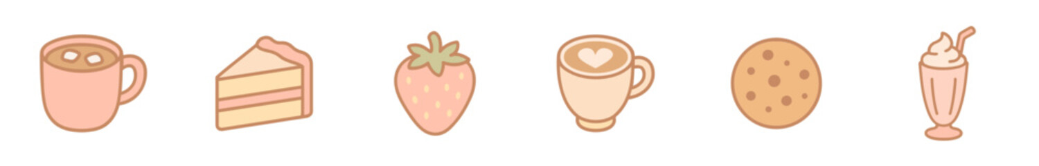Cute cartoon desserts and drinks collection featuring sweet treats like hot chocolate, cake, strawberry, latte, cookie, and milkshake in a charming, pastel color palette