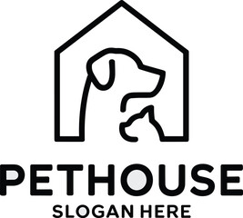 Minimalist pet house logo design featuring dog and cat in line art style for veterinary clinic branding pet store advertising modern animal shelter symbol pet care services promotion and friendly anim